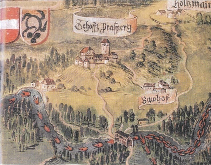 Prassberg mit Bauhof und Mühle um 1617